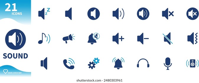 Sound icon. Set of icons for speaker, sound mode, recording, headset, call, sleep mode,...