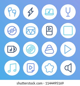 Sound icon set and music file with sound, laptop musical program and stop. Mp3 player related sound icon vector for web UI logo design.