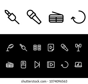 Sound icon set and next with microphone, portable player and music file. Rounded related sound icon vector for web UI logo design.