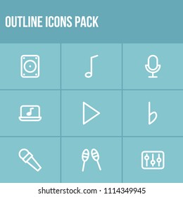 Sound icon set and play with studio microphone, megaphone and laptop musical program. Tune related sound icon vector for web UI logo design.