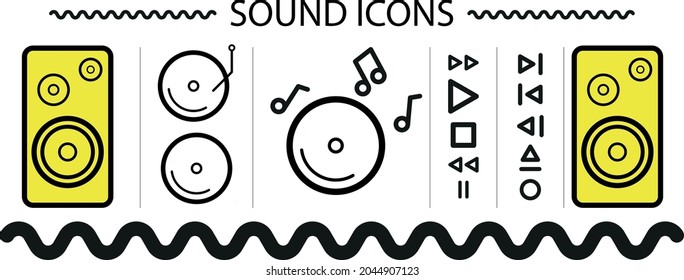 Conjunto de iconos de sonido con altavoces, disco compacto, gramófono, panel de control de música. Diseñar elementos para su aplicación, sitio, plantilla.