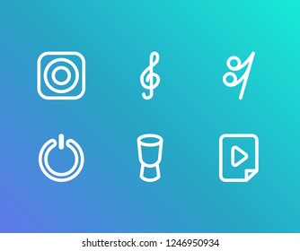 Sound icon set and turn off with djembe, song note and loudspeaker. Switch on related sound icon vector for web UI logo design.