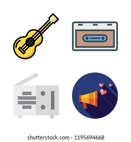 sound icon set. vector set about megaphone, acoustic guitar, cassette and radio icons set.