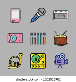 sound icon set. vector set about video camera, drum, cassette and sound bars icons set.