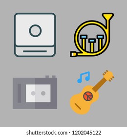 sound icon set. vector set about guitar, cd player, french horn and recorder icons set.