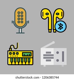 sound icon set. vector set about microphone, radio, earphones and piano icons set.