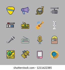 sound icon set. vector set about video camera, guitar pick, alarm bell and xylophone icons set.