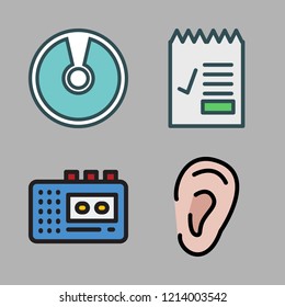 sound icon set. vector set about walkman, report id, ear and compact disc icons set.