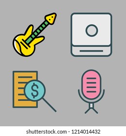 sound icon set. vector set about microphone, electric guitar, cd player and report id icons set.