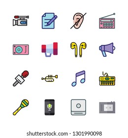 sound icon set. vector set about cd player, microphone, radio and edit icons set.