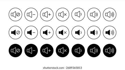 Ícone de som definido. Coleção de controle de volume para ativar, desativar ou desativar o som. Símbolo de controle de volume. Ícone de som de áudio, ilustração vetorial.