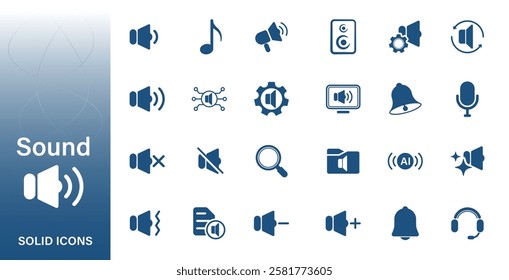 Sound icon. Solid vector icons of speakers, headphones, music, volume.