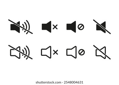 Sound icon. Volume mute sign. Audio speaker mute volume vector set. Quiet sign isolated on white background.