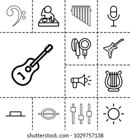 Sound icons. set of 13 editable outline sound icons such as dj, microphone, music pause, guitar, harp, contrast, megaphone, adjust, bass clef, music note