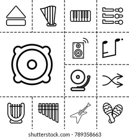 Sound icons. set of 13 editable outline sound icons such as harp, speaker, eject button, piano, harmonica, music note, shuffle, slider, maraca, music loudspeaker, gramophone