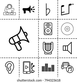 Sound icons. set of 13 editable outline sound icons such as megaphone, ear, harp, volume, loudspeaker, phone and earphones, car music, bemol, music note, equalizer, disc