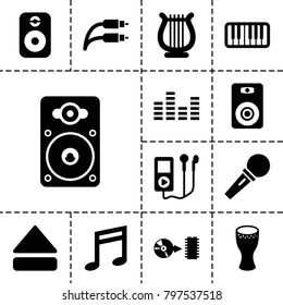 Sound icons. set of 13 editable filled sound icons such as mp3 player, music note, eject button, piano, loudspeaker, earphone wire, harp, disc, drum, equalizer, speaker
