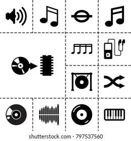 Sound icons. set of 13 editable filled sound icons such as disc on fire, music note, piano, gong, equalizer, shuffle, disc, volume, note