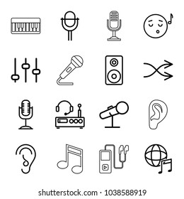Sound icons. set of 16 editable outline sound icons such as adjust, emoji listening music, ear, microphone, international music, shuffle, loudspeaker, listening device