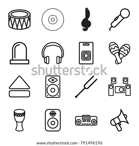 Sound icons. set of 16 editable outline sound icons such as microphone, headphones, volume, eject button, tonometer, loudspeaker, record player, drum, maraca, speaker