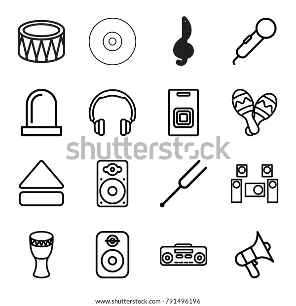 Sound icons. set of 16\
editable outline sound icons such as microphone, headphones,\
volume, eject button, tonometer, loudspeaker, record player, drum,\
maraca, speaker