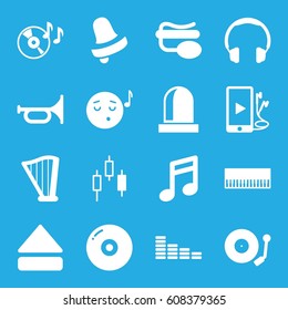 Sound icons set. set of 16 sound filled icons such as Bell, equalizer, emoji listening music, disc on fire, pin microphone, eject button, harp, phone and earphones, gramophone