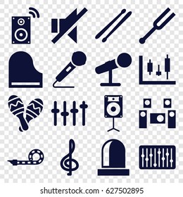 Sound icons set. set of 16 sound filled icons such as no sound, microphone, tonometer, slider, piano, drum stick, party pipe, loudspeaker, maraca, equalizer, audio system