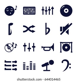 Sound icons set. set of 16 sound filled icons such as emoji listening music, disc on fire, equalizer, bass clef, music note, no sound, slider, gong, bemol, shuffle, microphone