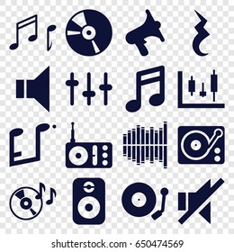 Sound icons set. set of 16 sound filled icons such as disc on fire, radio, volume, equalizer, megaphone, no sound, cd, gramophone, pause, music note, note, speaker