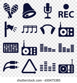 Sound icons set. set of 16 sound filled icons such as equalizer, radio, rec, microphone, slider, triangle musical instrument, megaphone, earphones, music note, earphone wire