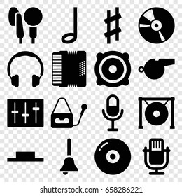 Sound icons set. set of 16 sound filled icons such as microphone, music pause, speaker, cd, sliders, harmonic, gong, musical sharp, music note, bell, whistle, disc