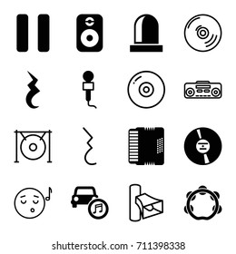 Sound icons set. set of 16 sound filled and outline icons such as microphone, cd, pause, harmonic, car music, tambourine, speaker, siren, volume, record player, gong