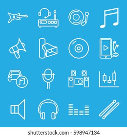 sound icons set. Set of 16 sound outline icons such as volume, music note, megaphone, equalizer, microphone, drum stick, phone and earphones, car music, gramophone