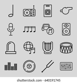 Sound icons set. set of 16 sound outline icons such as microphone, cd, tonometer, loudspeaker, radio, slider, drum, car music, international music, music note, equalizer