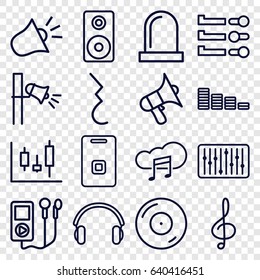 Sound icons set. set of 16 sound outline icons such as equalizer, disc on fire, volume, treble clef, slider, megaphone, music cloud, earphones, pause, door ringer, loudspeaker