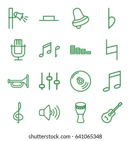 Sound icons set. set of 16 sound outline icons such as bell, equalizer, volume, music pause, guitar, megaphone, bemol, pause, note, drum, cd, adjust, treble clef, trumpet