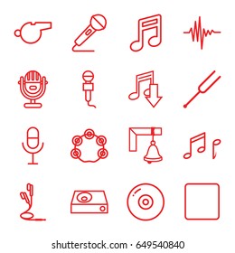 Sound icons set. set of 16 sound outline icons such as microphone, dvd player, stop, tonometer, music equalizer, earphones, tambourine, note, bell, whistle, disc