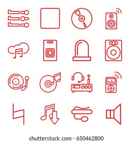 Sound icons set. set of 16 sound outline icons such as pin microphone, megaphone, cd, stop, music cloud, pause, gramophone, disc and music note, siren, door bell, mp3 player