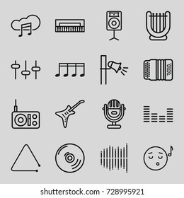 Sound icons set. set of 16 sound outline icons such as equalizer, harmonic, guitar, triangle musical instrument, megaphone, music cloud, music note, loudspeaker, cd