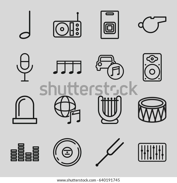 Sound icons\
set. set of 16 sound outline icons such as microphone, cd,\
tonometer, loudspeaker, radio, slider, drum, car music,\
international music, music note,\
equalizer