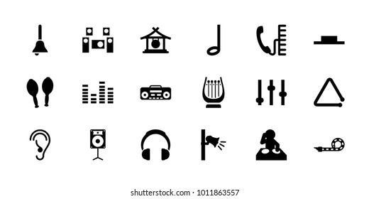 Sound icons. set of 18 editable filled sound icons: gong, adjust, dj, equalizer, ear, music pause, record player, maracas, triangle musical instrument, megaphone, music note