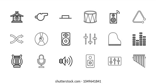 Sound icons. set of 18 editable outline sound icons: gong, equalizer, music pause, loudspeaker, harp, volume, whistle, music loudspeaker, microphone, cd, sliders, harmonica