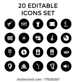 Sound icons. set of 20 editable filled sound icons such as ear, treble clef, volume, pin microphone, cd, harp, harmonic, guitar. best quality sound elements in trendy style.
