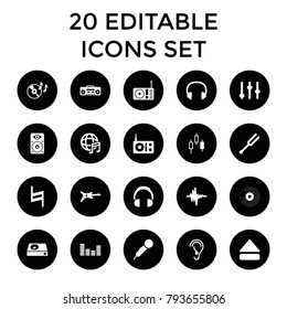 Sound icons. set of 20 editable filled sound icons such as adjust, microphone, guitar, control panel, radio, disc on fire. best quality sound elements in trendy style.