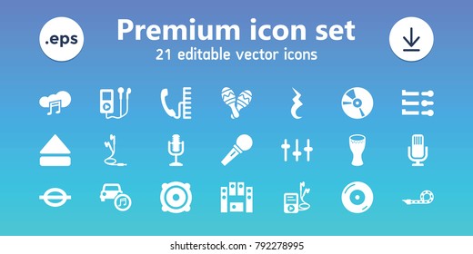 Sound icons. set of 21 editable filled sound icons includes mp3 player, disc on fire, equalizer, music note, speaker, loud speaker set, cd, eject button, microphone, car music