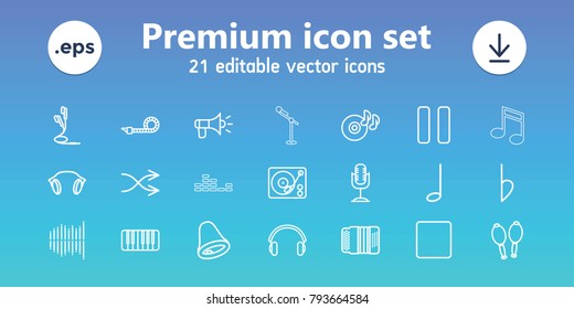 Sound icons. set of 21 editable outline sound icons includes disc on fire, pause, stop, gramophone, piano, microphone, harmonic, maracas, equalizer, earphones, bemol