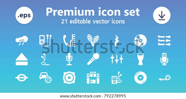 Sound icons. set of\
21 editable filled sound icons includes mp3 player, disc on fire,\
equalizer, music note, speaker, loud speaker set, cd, eject button,\
microphone, car music