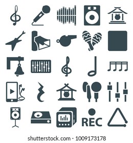 Sound icons. set of 25 editable filled sound icons such as gong, treble clef, speaker, volume, dvd player, rec, stop, microphone, slider, triangle musical instrument