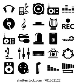 Sound icons. set of 25 editable filled sound icons such as equalizer, speaker, piano, radio, pin microphone, rec, music pause, music note, cd, xylophone, mp3 player, earphones