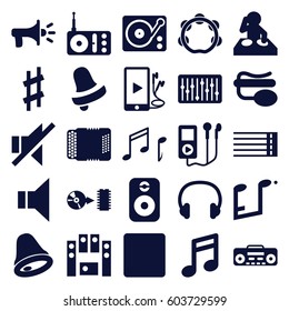 Sound icons set. set of 25 sound filled icons such as Bell, radio, pin microphone, guitar strings, megaphone, no sound, loud speaker set, stop, gramophone, record player